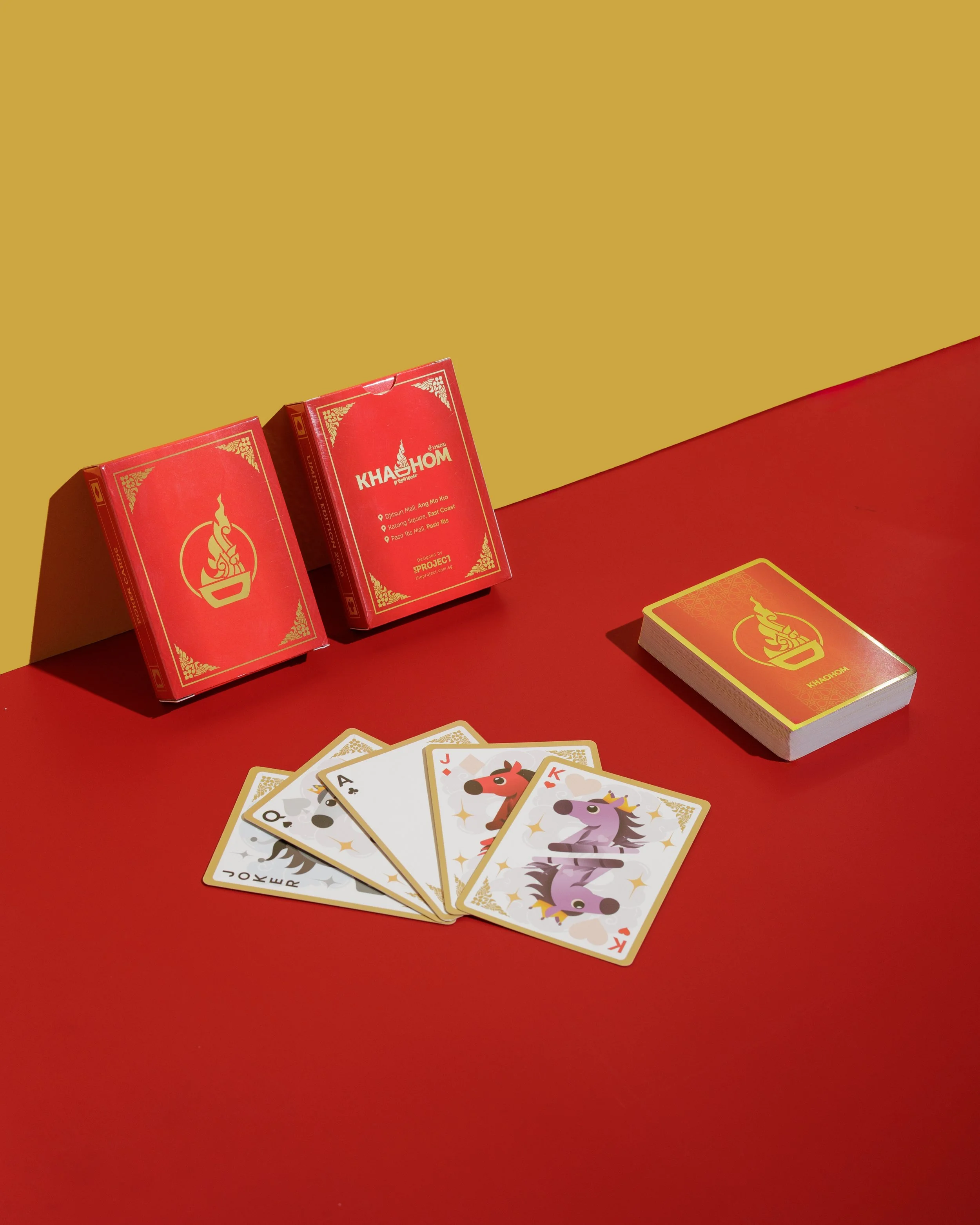 Khaohom Year of the Horse 2026 limited edition playing cards with branded packaging and illustrated horse face cards, corporate gift collectible, retail merchandise Singapore