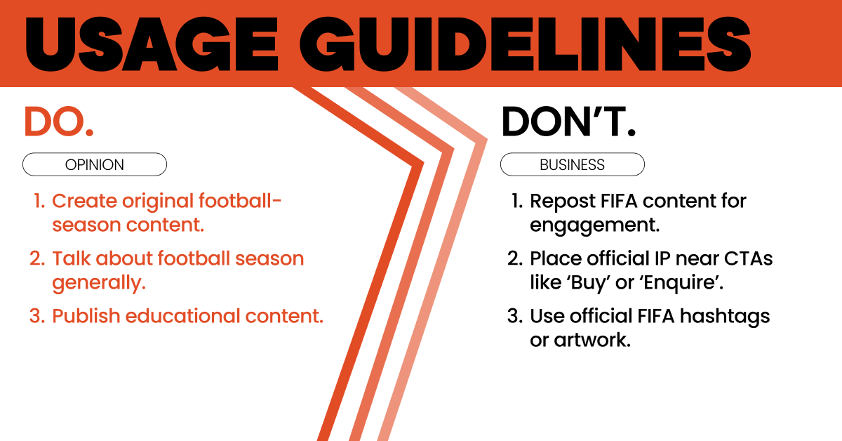 Do and don’t layout explaining allowed editorial football content and restricted commercial use of official tournament branding.