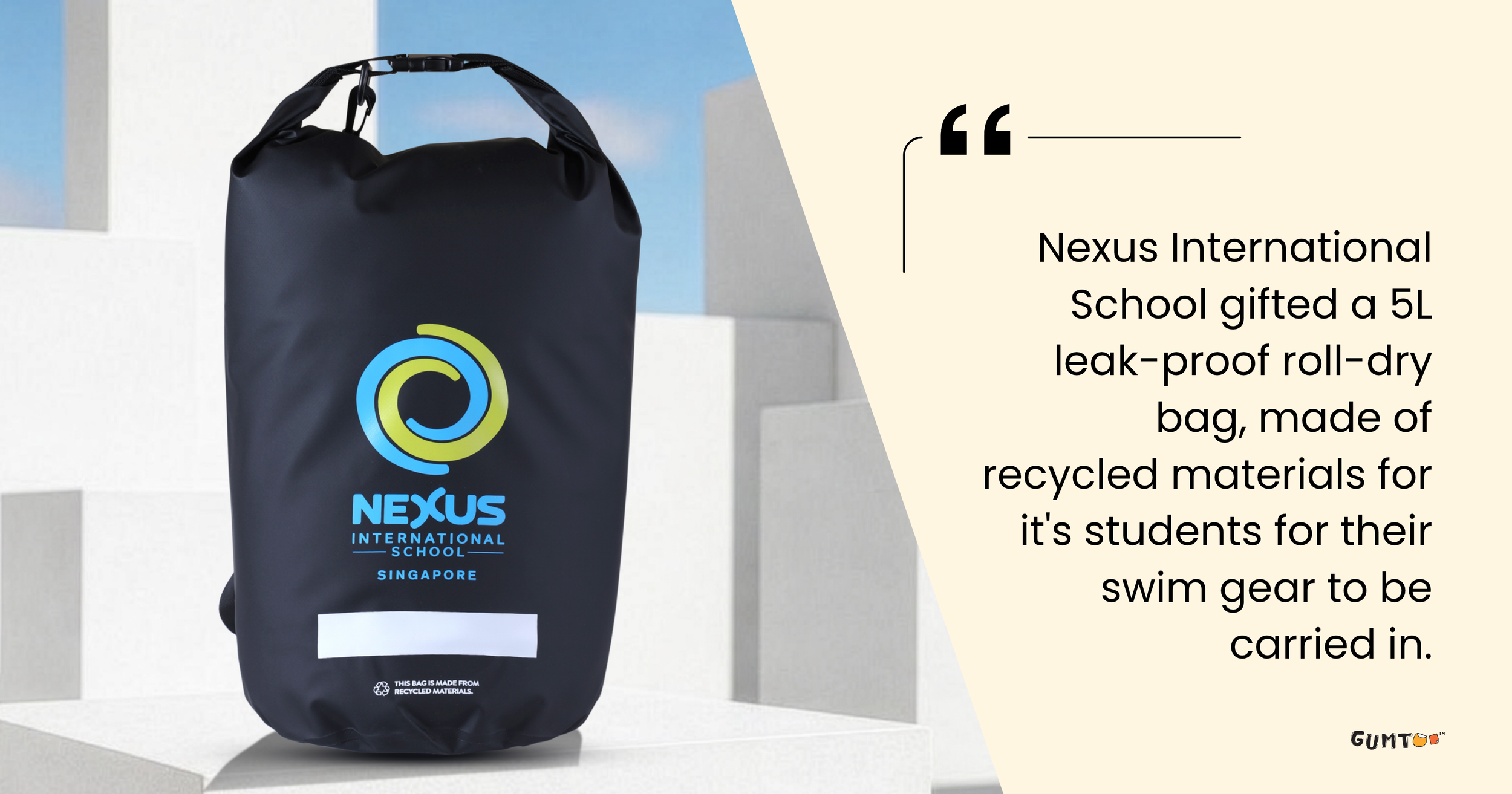 Nexus International School 5L recycled-material dry bag, eco-friendly international school custom merchandise
