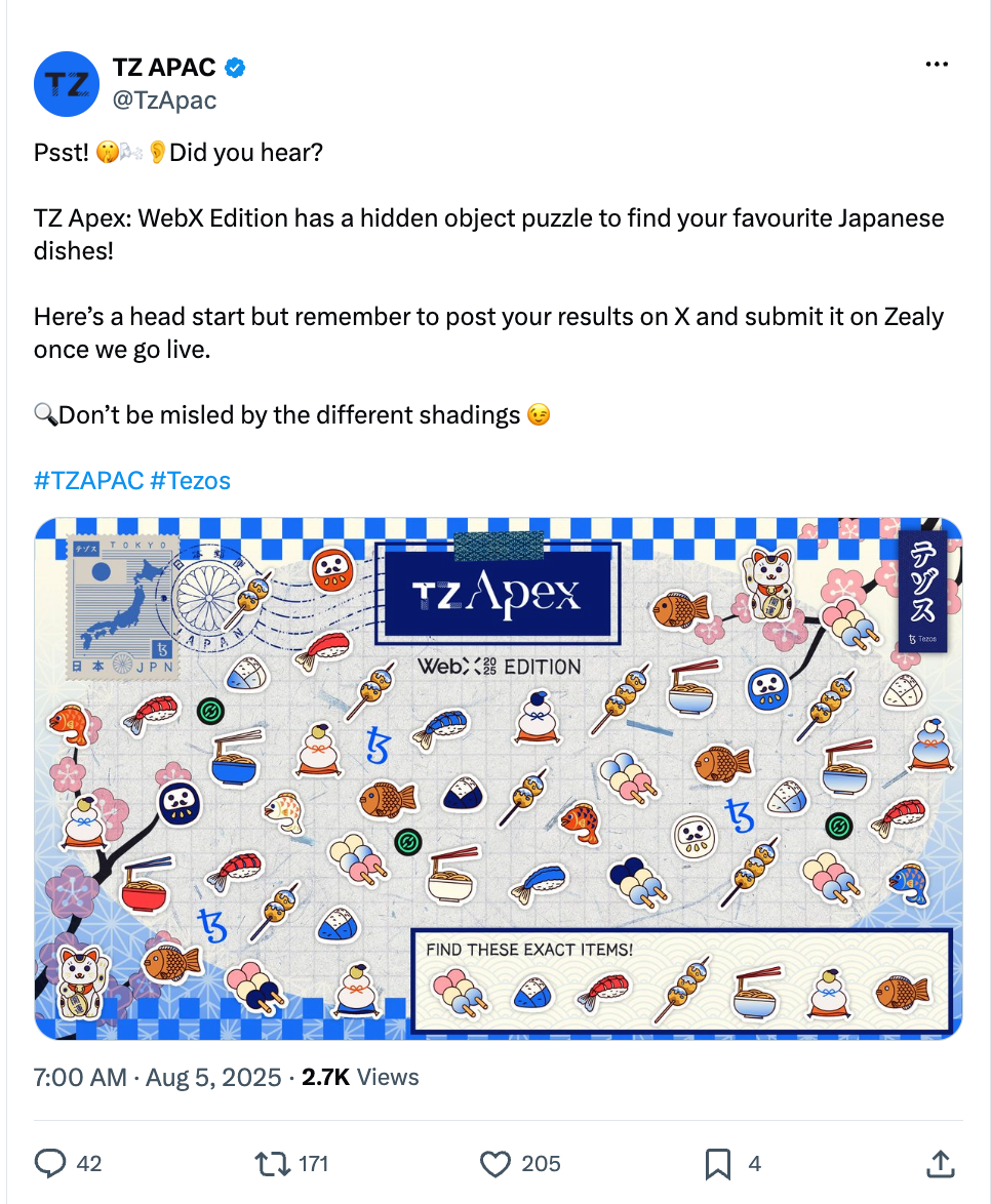 Tezos announcing their WebX 2025 gamified merch prize draw on X