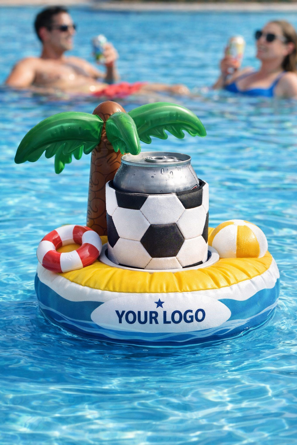 A cup floatie with a your logo section and has palm tree, beach ball and the cup holder is designed as football with 2 people enjoying it on the background inside the pool