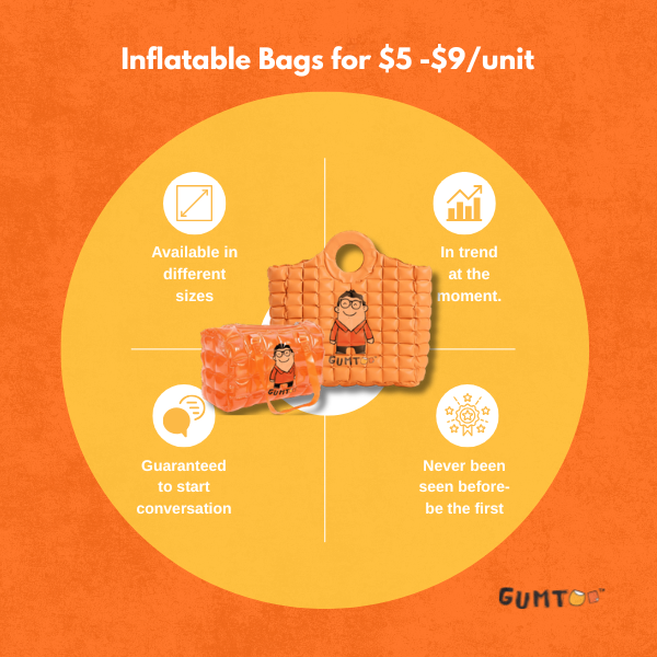 Affordable branded merchandise SG inflatable tote bags with custom logo printing, available in different sizes for events and campaigns. Cheap corporate gifts Singapore option designed to spark conversations and stand out at promotional events.