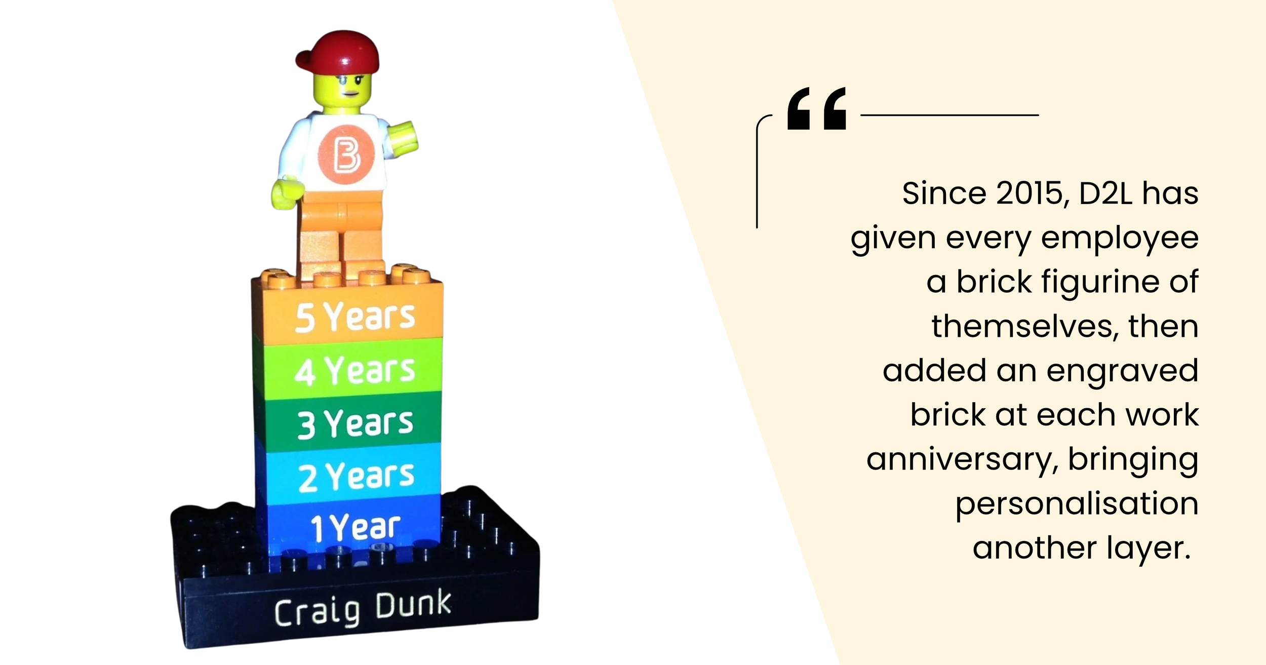 D2L engraved recognition bricks and brick figurine marking employee work anniversaries