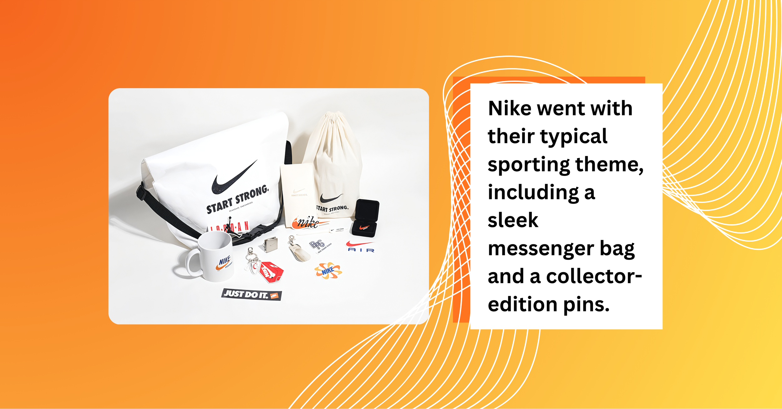 Nike North America Marketing team welcome kit with branded messenger bag, Jordan notepad and collector pins