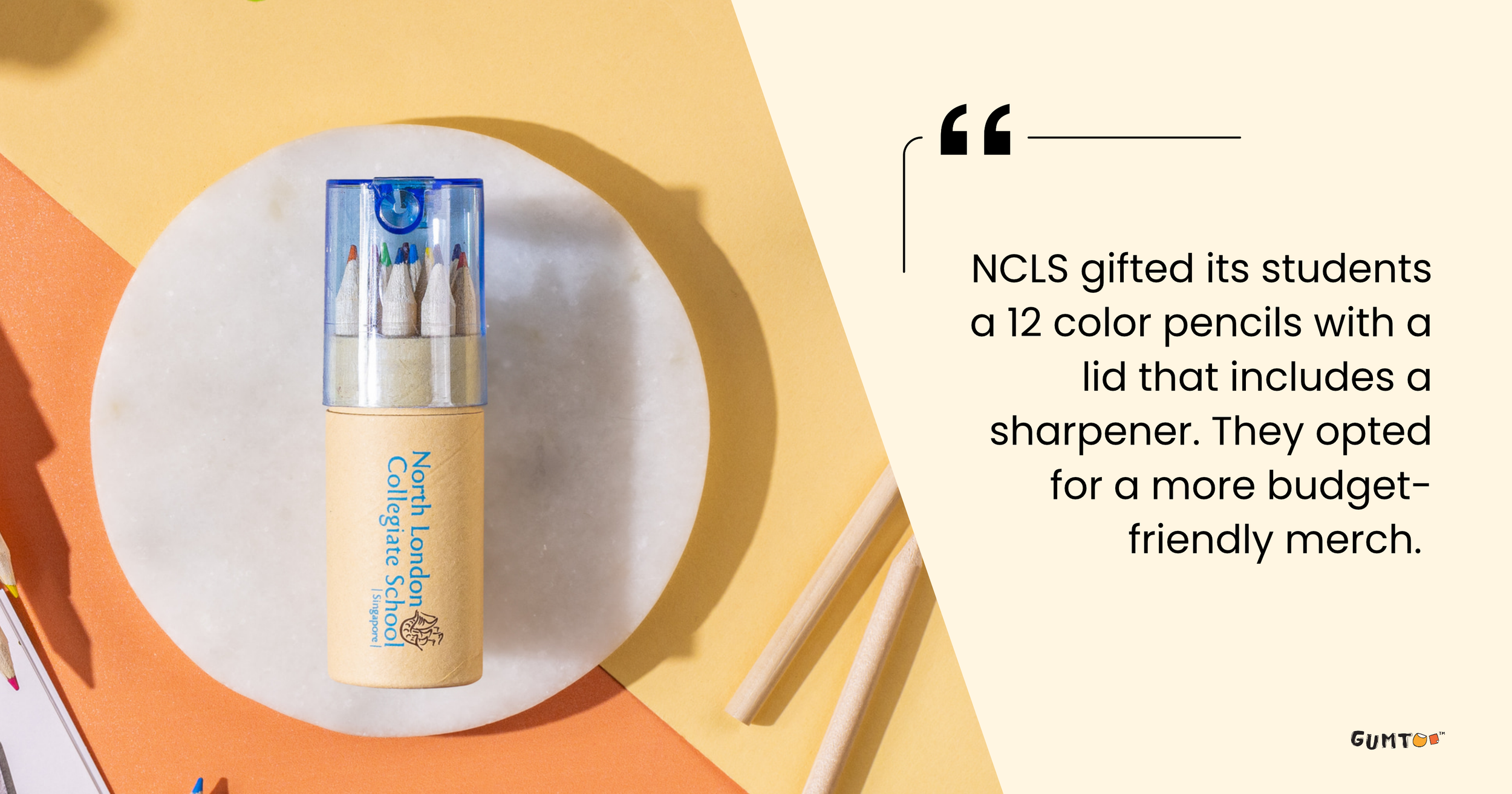 NLCS Singapore 12 coloring pencil pack with sharpener lid, budget-friendly international school custom merchandise
