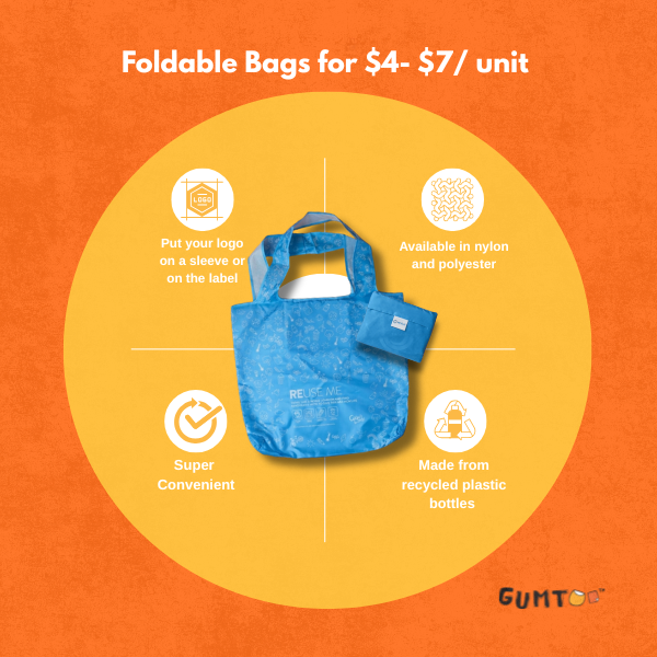 Affordable branded merchandise SG foldable bags made from recycled plastic bottles with custom logo printing. Cheap corporate gifts Singapore option for events, giveaways, and sustainable promotional merchandise.