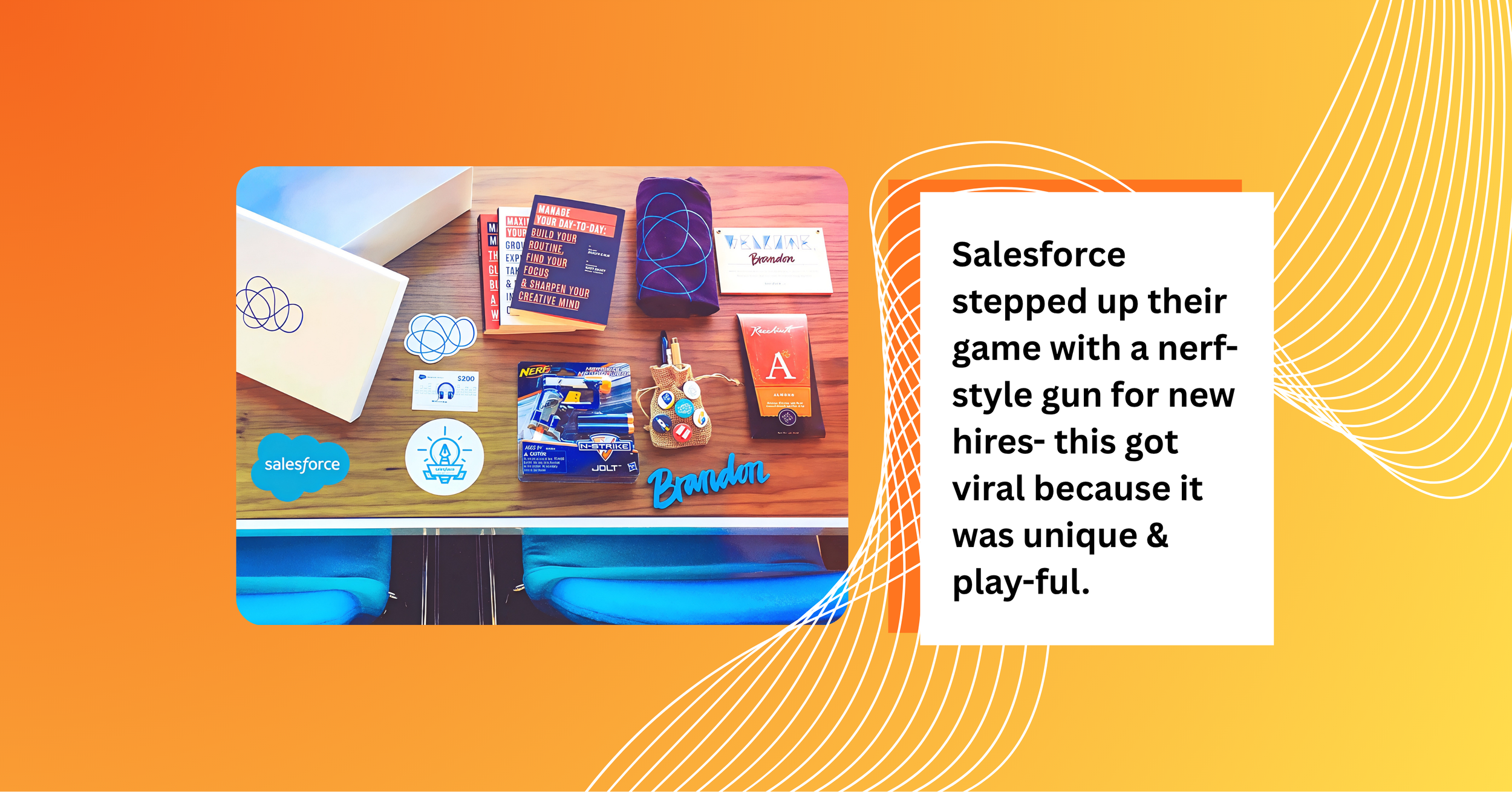 Salesforce employee onboarding kit with books, name tag, stickers and team-specific promotional item