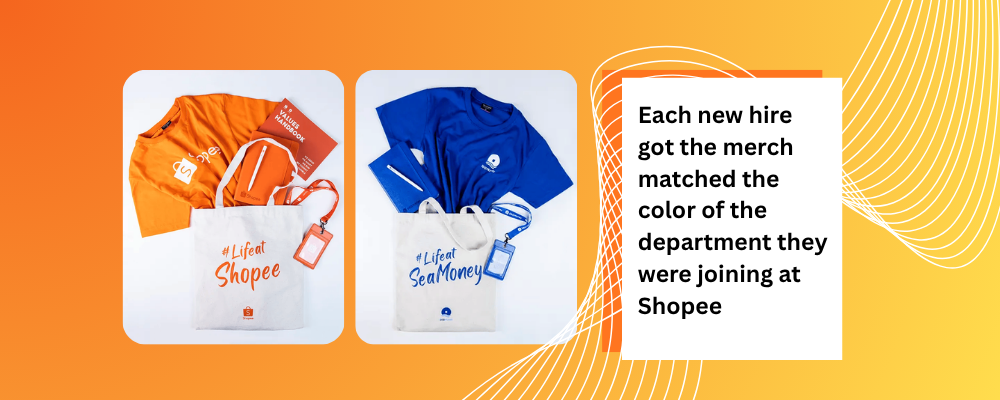 Shopee's subsidiary-specific welcome kits showing intentional branded merchandise design for corporate gifts Singapore