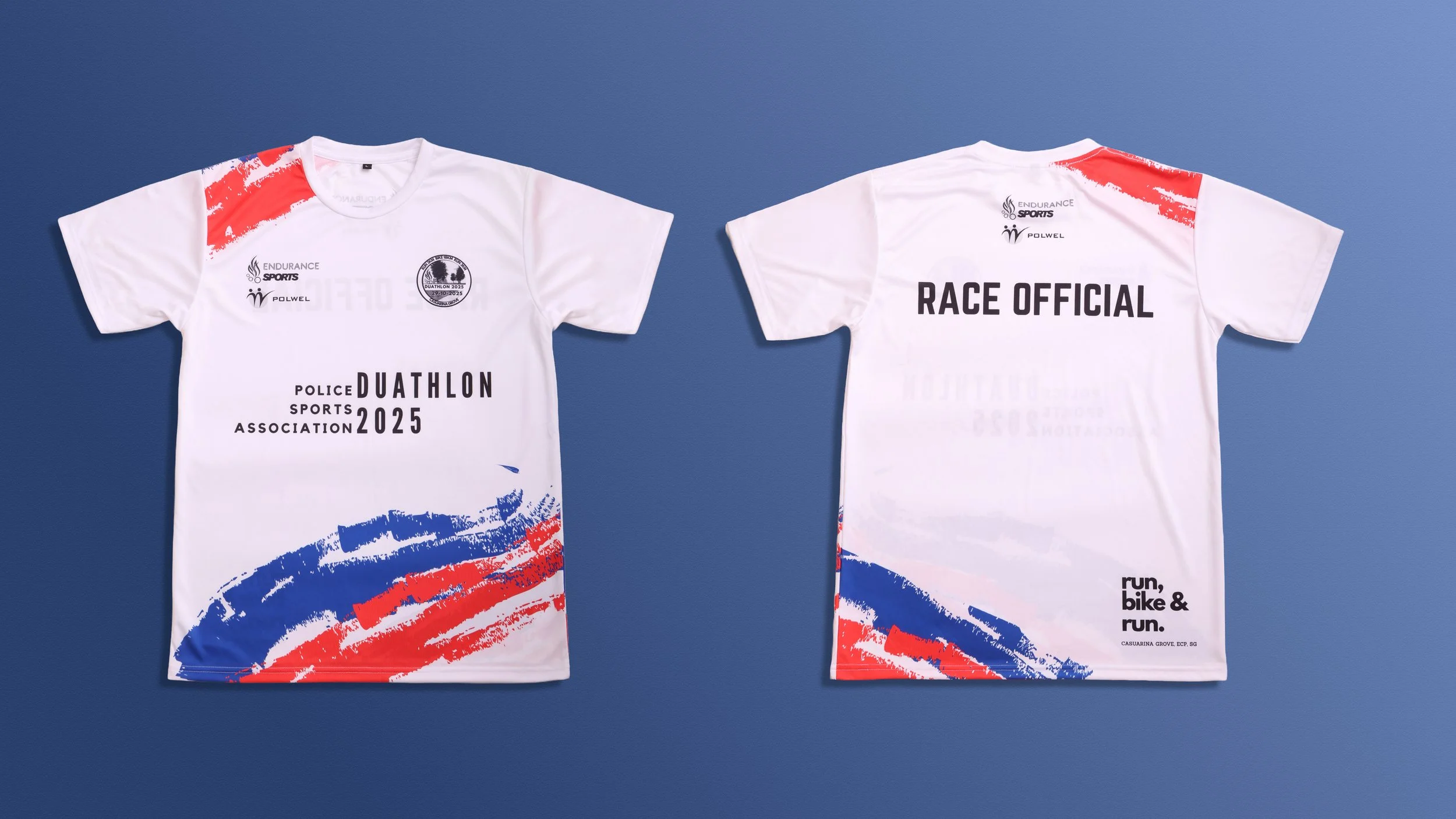 Custom white dri-fit t-shirts with Police Duathlon 2025 branding, red and blue race official graphics for sports event merchandise and team giveaways