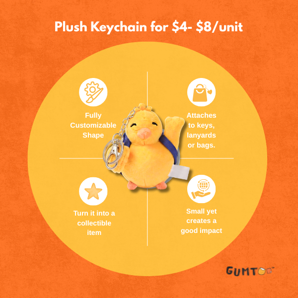 Affordable branded merchandise SG plush keychains with custom logo printing, available in different sizes for events and campaigns. Cheap corporate gifts Singapore option designed to spark conversations and stand out at promotional events.