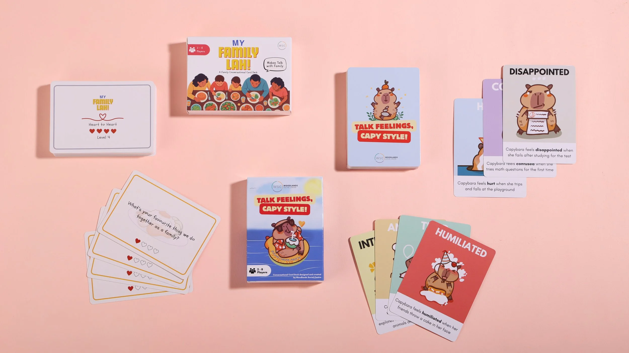 Custom printed card games My Family Lah and Talk Feelings Capy Style for Woodlands Social Centre, family conversation and children's feelings card decks
