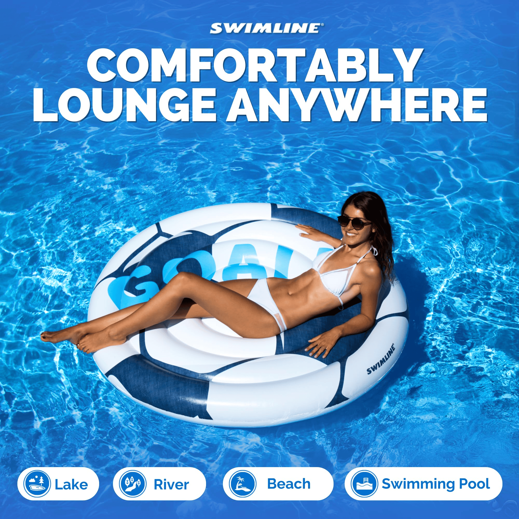 A woman chilling on a custoom football beach floatie with text GOAL written on it in a pool