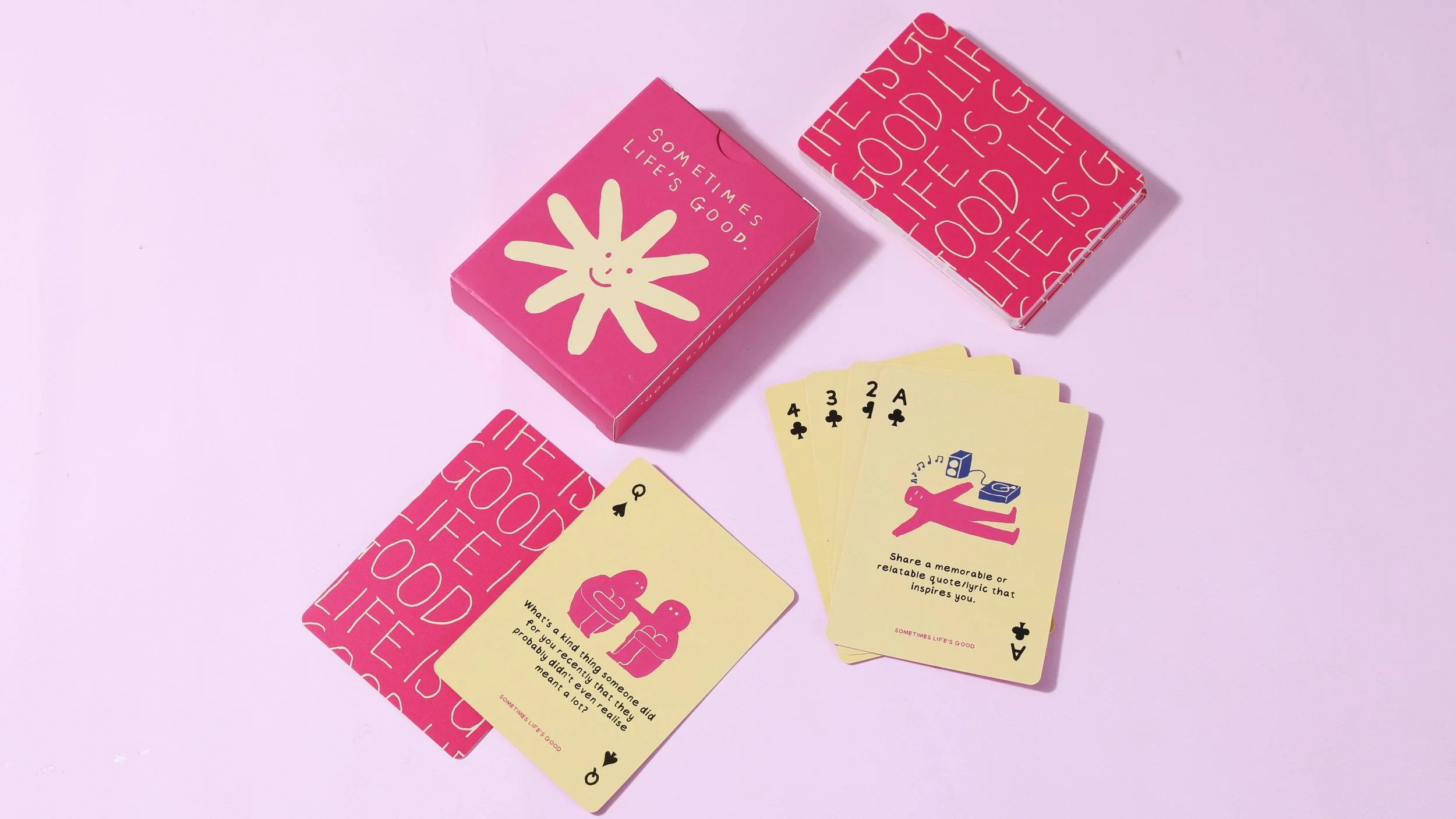 Sometimes Life's Good branded custom printed playing cards with illustrated tuck box – corporate gift merchandise Singapore