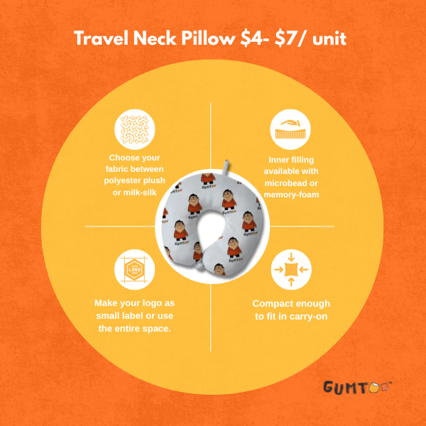 Affordable branded merchandise SG travel neck pillow for events and employee kits. Cheap corporate gifts Singapore option with custom logo printing, plush fabric, and memory foam filling by Gumtoo.