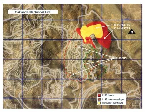 Continuation of the spread of the 1991 Oakland Hills Fire as developed by Dave Sapsis. The scope of the first 30 minutes is shown in yellow, and the propagation during the subsequent 5 minutes is outlined by the red dashed line, with the contiguous fire front shown by the solid red area. Note the three spot fires that were initiated during this period to the southwest of the main fire. From figure 1.2 (p. 16) of Woycheese (2000), reproduced with permission.