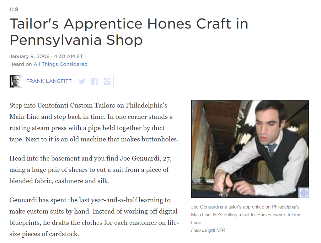 Tailor's Apprentice Hones Craft in Pennsylvania Shop -National Public Radio