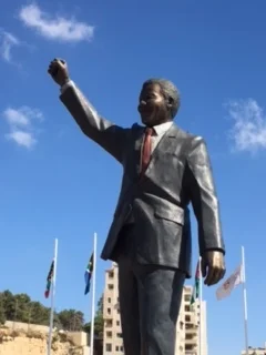 A 20-foot-tall statue of Nelson Mandela given to the West Bank city of Ramallah by the city of Johannesburg, South Africa. Mandela had stated: “We know all too well that our freedom is incomplete without the freedom of the Palestinians.”