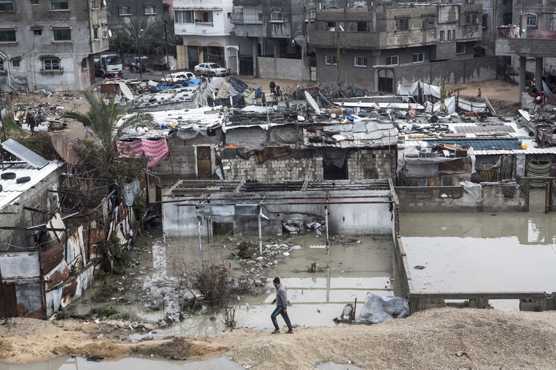  A flooded quarter in northern Gaza’s Jabaliya refugee camp, February 2017. Gaza’s beleaguered sewage system is overwhelmed during heavy rains, causing flooding and forcing families to evacuate from their homes. Anne Paq/ActiveStills