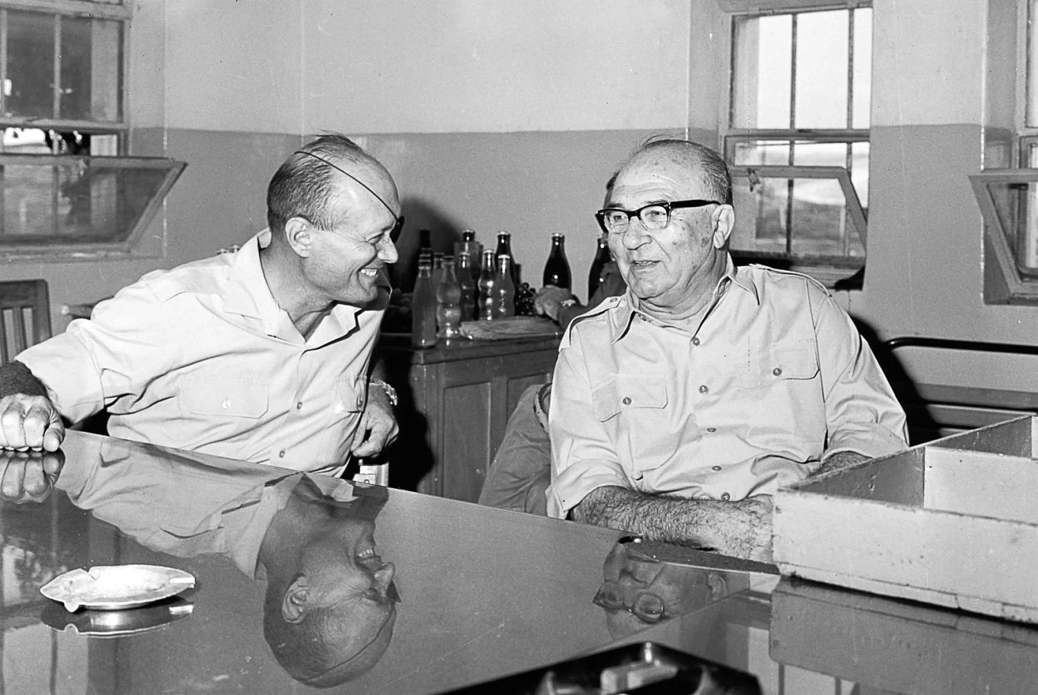 Prime Minister Levi Eshkol and Defense Minister Moshe Dayan during their visit to army installations on the West Bank, September 20, 1967. Photo credit: Ilan Bronner, GPO