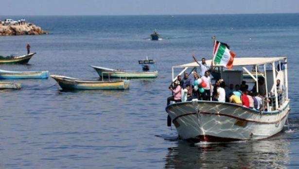 Palestinians ride a boat as they take part in a rally to show solidarity with Gaza-bound flotilla Oct. 5, 2016., Reuters