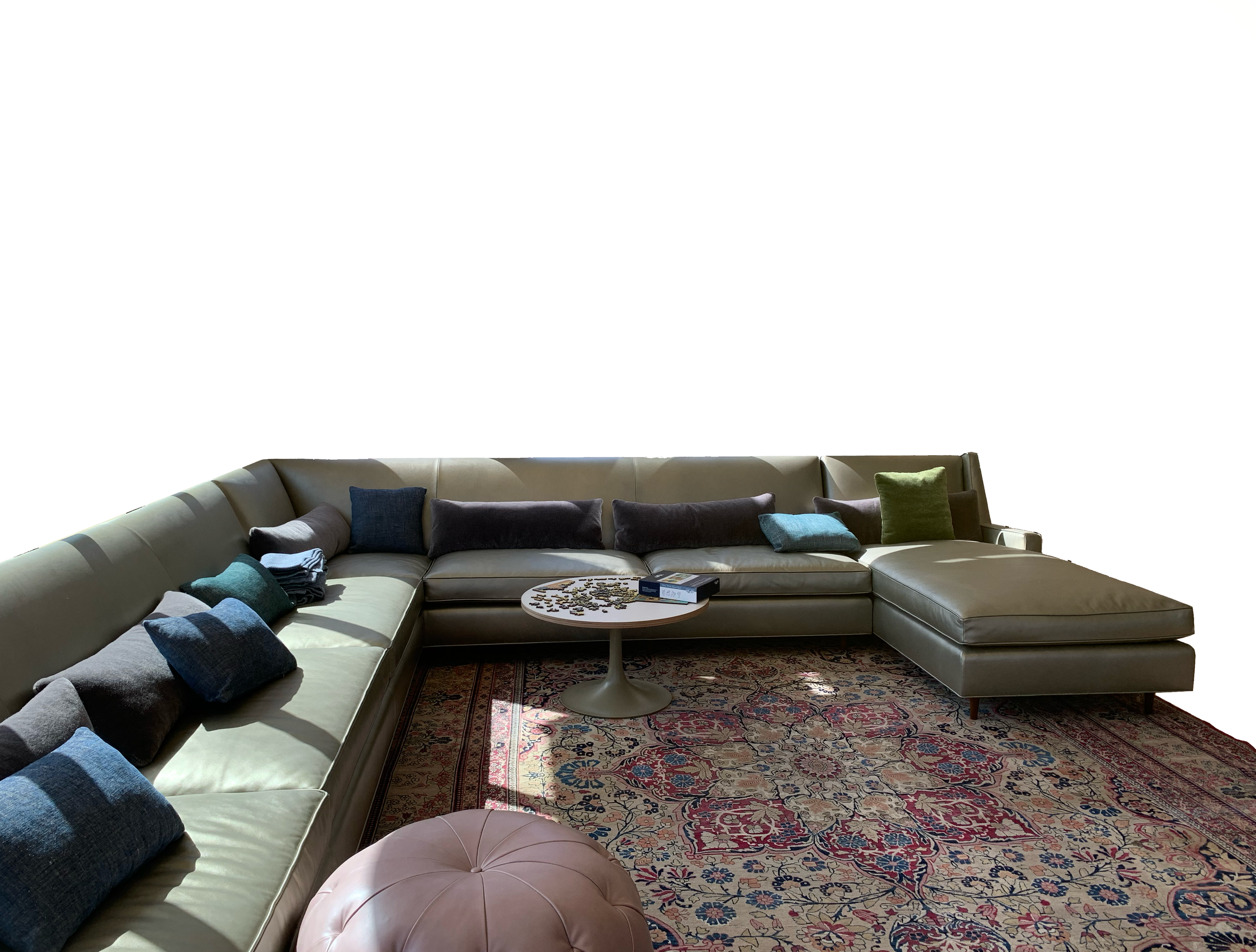 in progress custom G-sofa with custom Italian silver leather for West Marin residence