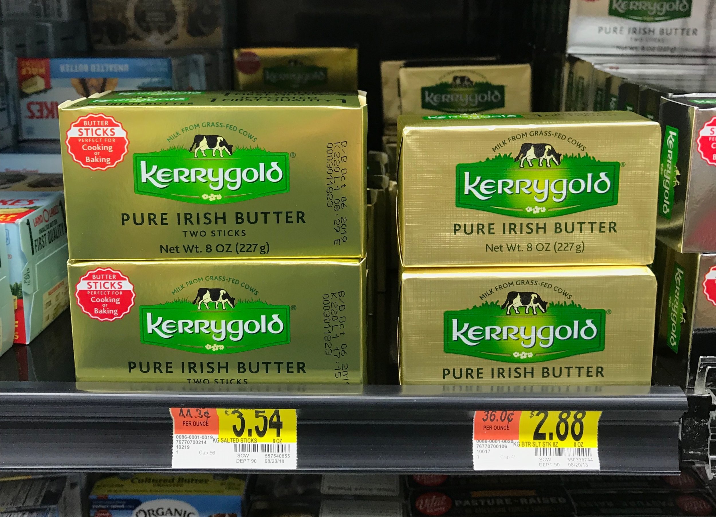 Kerrygold Butter is 0.81 cents less at Walmart than Whole Foods.