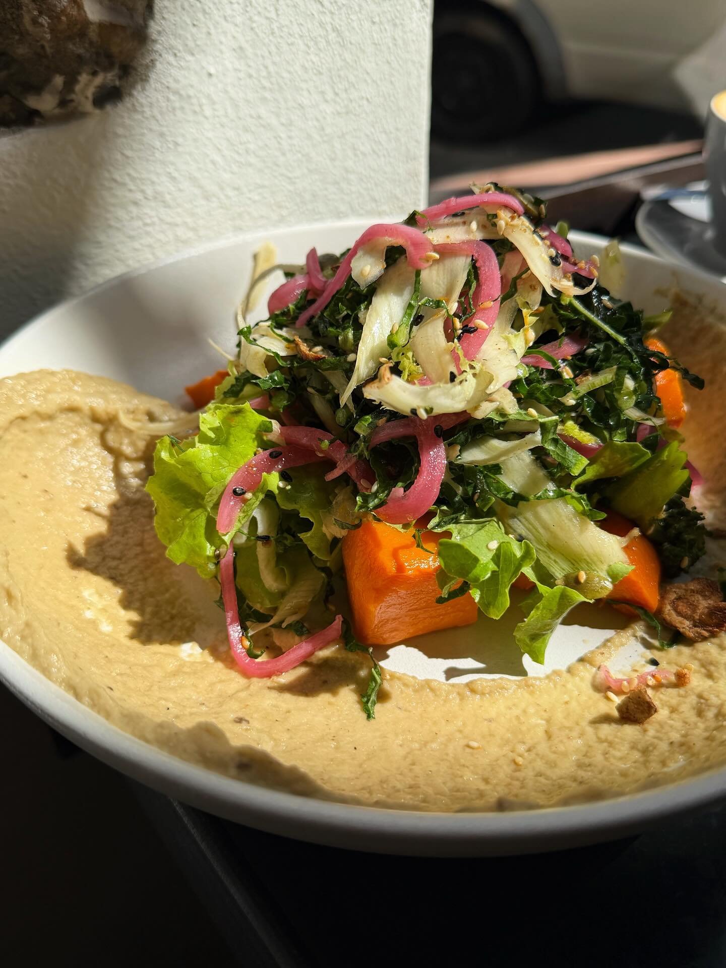 New Salad Alert! Roast pumpkin, charred broccolini, seasonal greens, spiced seeds and a mandarin dressing, plus miso eggplant pur&eacute;e. Autumn in a bowl 🍂