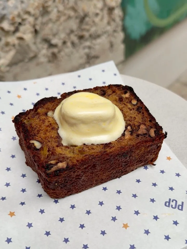Cosy things.
🌸 House banana and walnut bread, cultured butter
🔥 Scallion pancake with garlic-chive scram, pickled veg, black vinegar &amp; chilli
🍨 Shokupan yuzu French toast with Sicilian pistachio ganache, white chocolate gelato