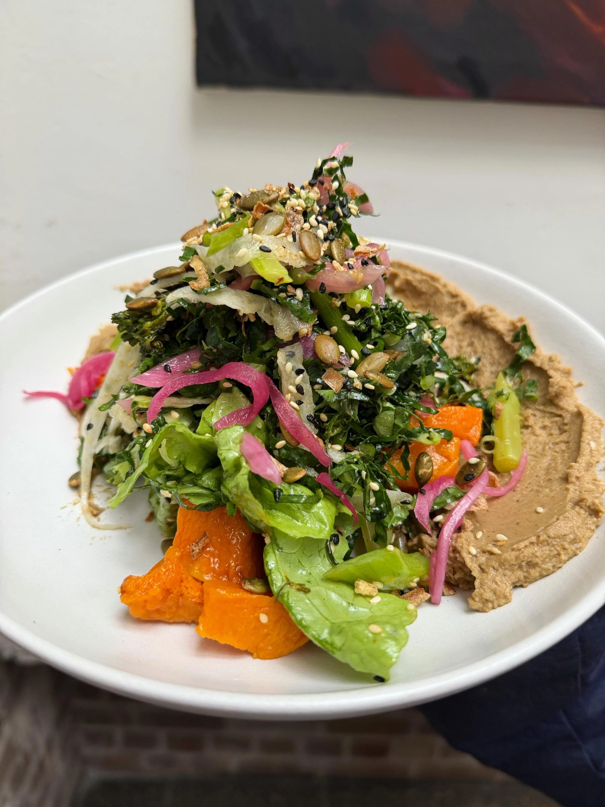 Last chance for Autumn Salad before our seasonal switch up 🍂 Roast pumpkin, charred broccolini, greens, spiced seed mix, mandarin dressing and a miso eggplant swirl. On all day!