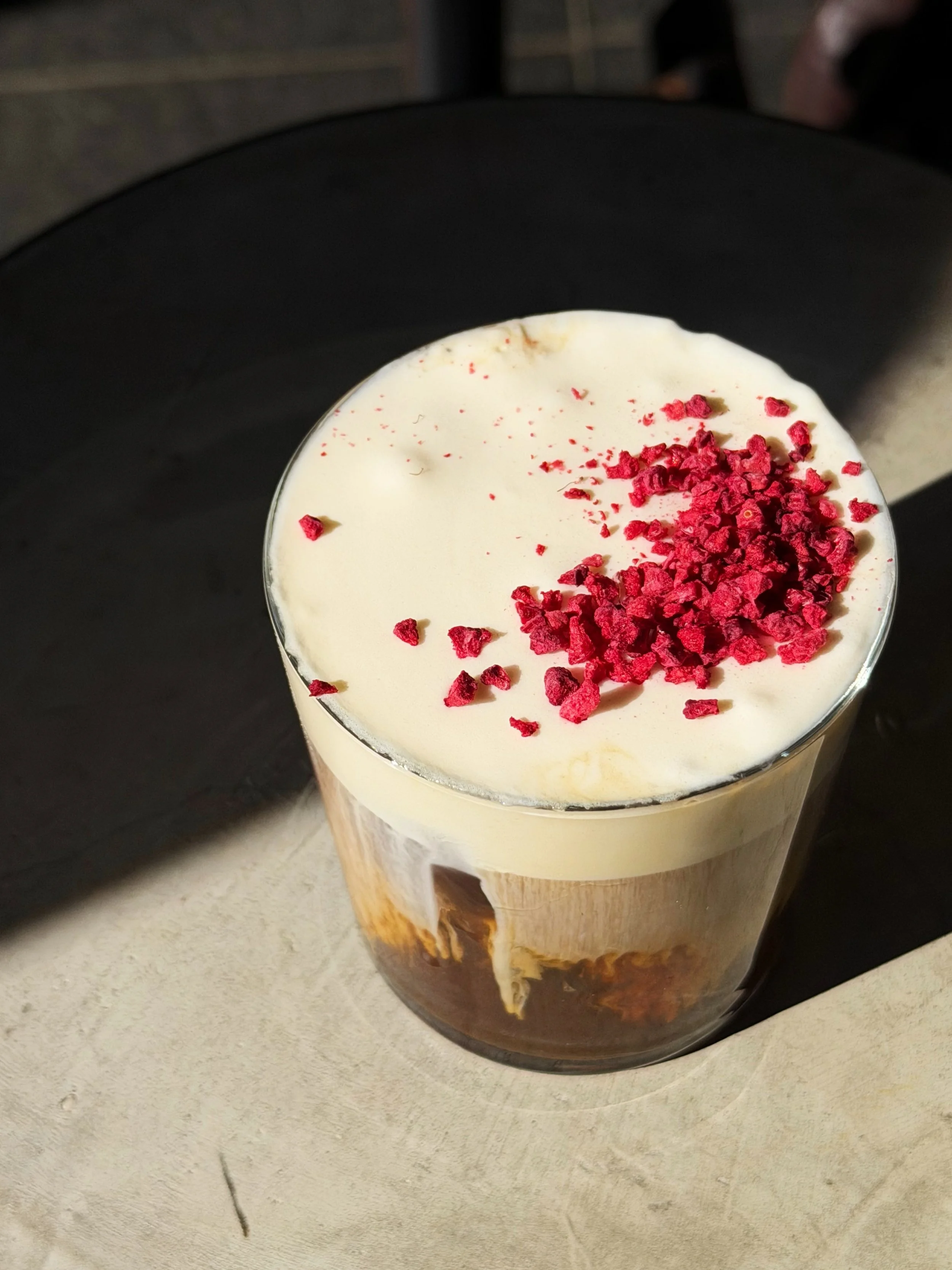 NEW! A Mont Blanc for the warmer months to come &ndash;&nbsp;Cold Brew, Rose &amp; Elderflower Foam and Freeze-Dried Raspberries 🌸 On now.