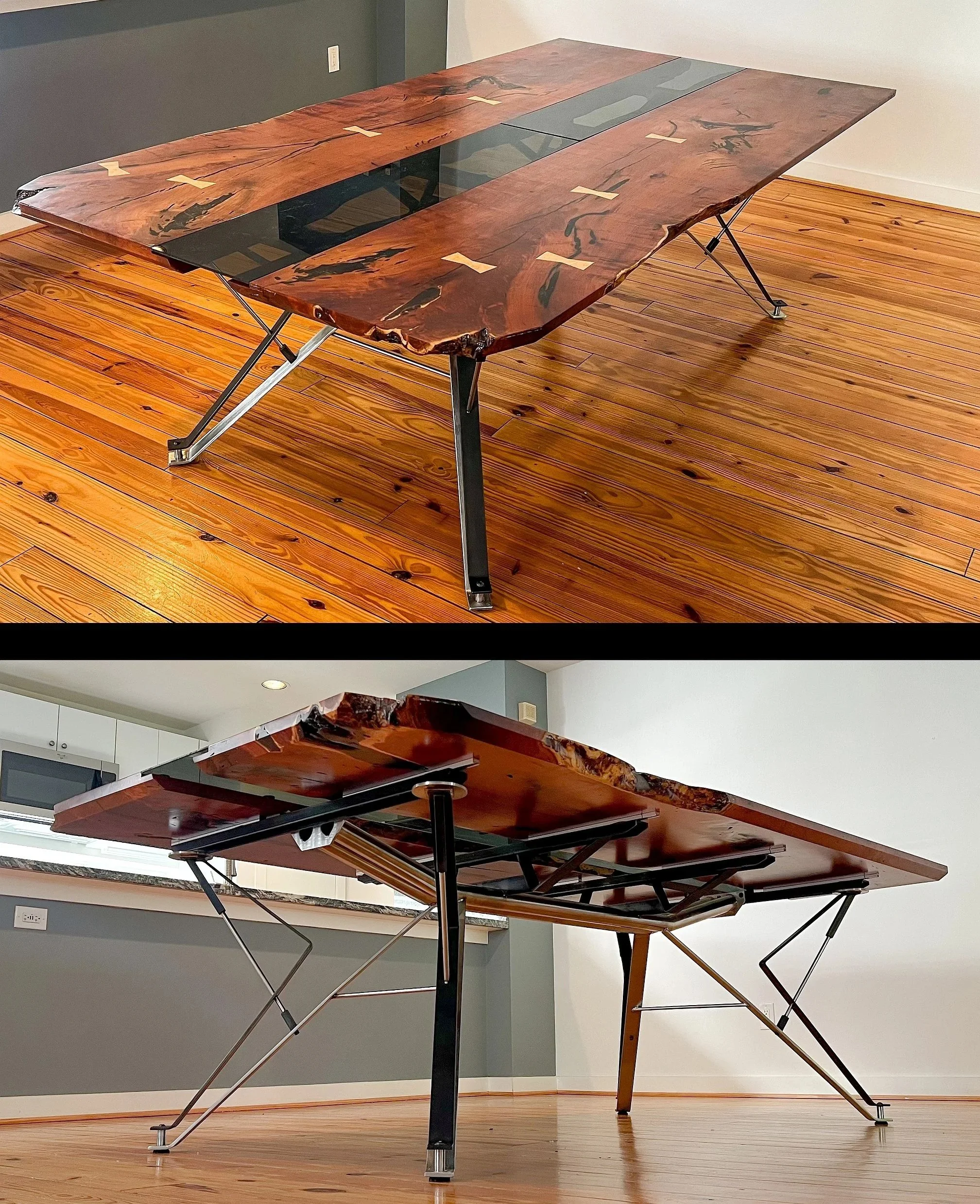 Houston Dining Table  Bookmatched mesquite w/ birdseye dovetails and silicon bronze drill curls embedded in deep resin in these flanked wood tops.  The two peice plexiglass runner is a stop gap solution, as table could be wider when the forever clie