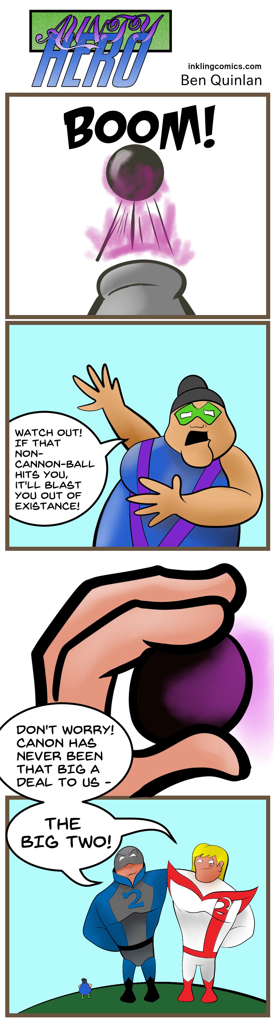 And here we have the last Aunty Hero (pronounced "Anti-Hero") for now. The super team is finally together, which I realised I forgot to mention is named "THE PANEL"! RIght? Great name! Anyway. I just don't think anyone finds it as funny as I do, so I'm leaving this for now so I can focus on other projects. Let me know if you want more, bur thanks for coming along on this journey with me!
