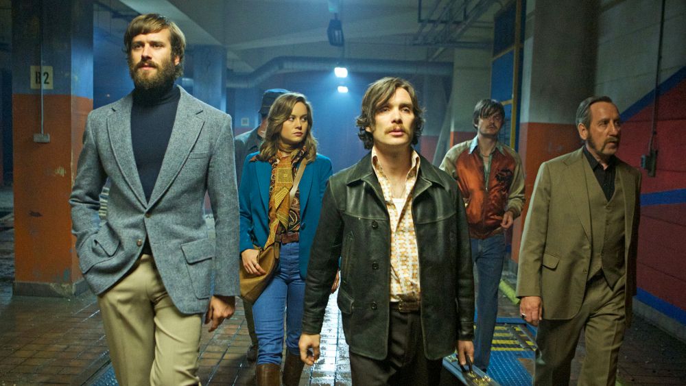 Armie Hammer, Brie Larson and Cillian Murphy do that cool walk before everything spirals out of control.