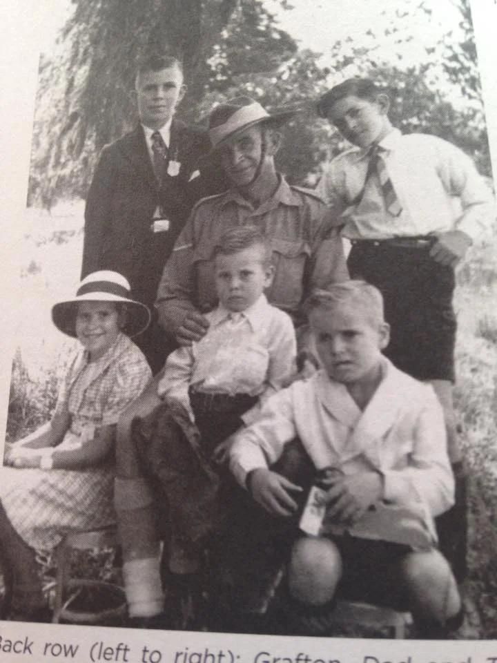 The Palmer clan. My great grandfather, Grafton, seated. My grandfather, Terry, standing right. Great Uncle Kevin seated bottom right, date unknown.