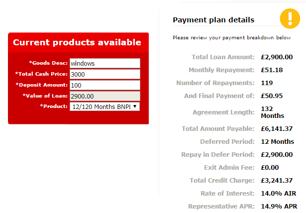 Buy Now Pay Later representative example: total cash price £3,000, deposit amount £100, loan amount: £2,900, 119 monthly payments of £51.18 and one final payment of £50.95, interest rate 14.9% APR, total amount payable £6141.37