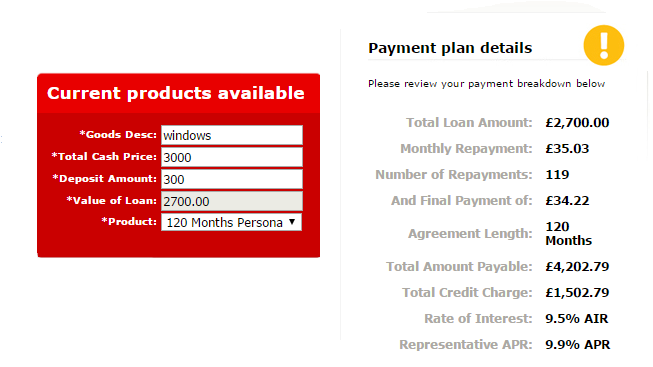 Interest Bearing representative example: total cash price £3,000, deposit amount £300, loan amount £2,700, 119 monthly payments of £35.03 and one final payment of £34.22, interest rate 9.9% APR, total amount payable £4202.79