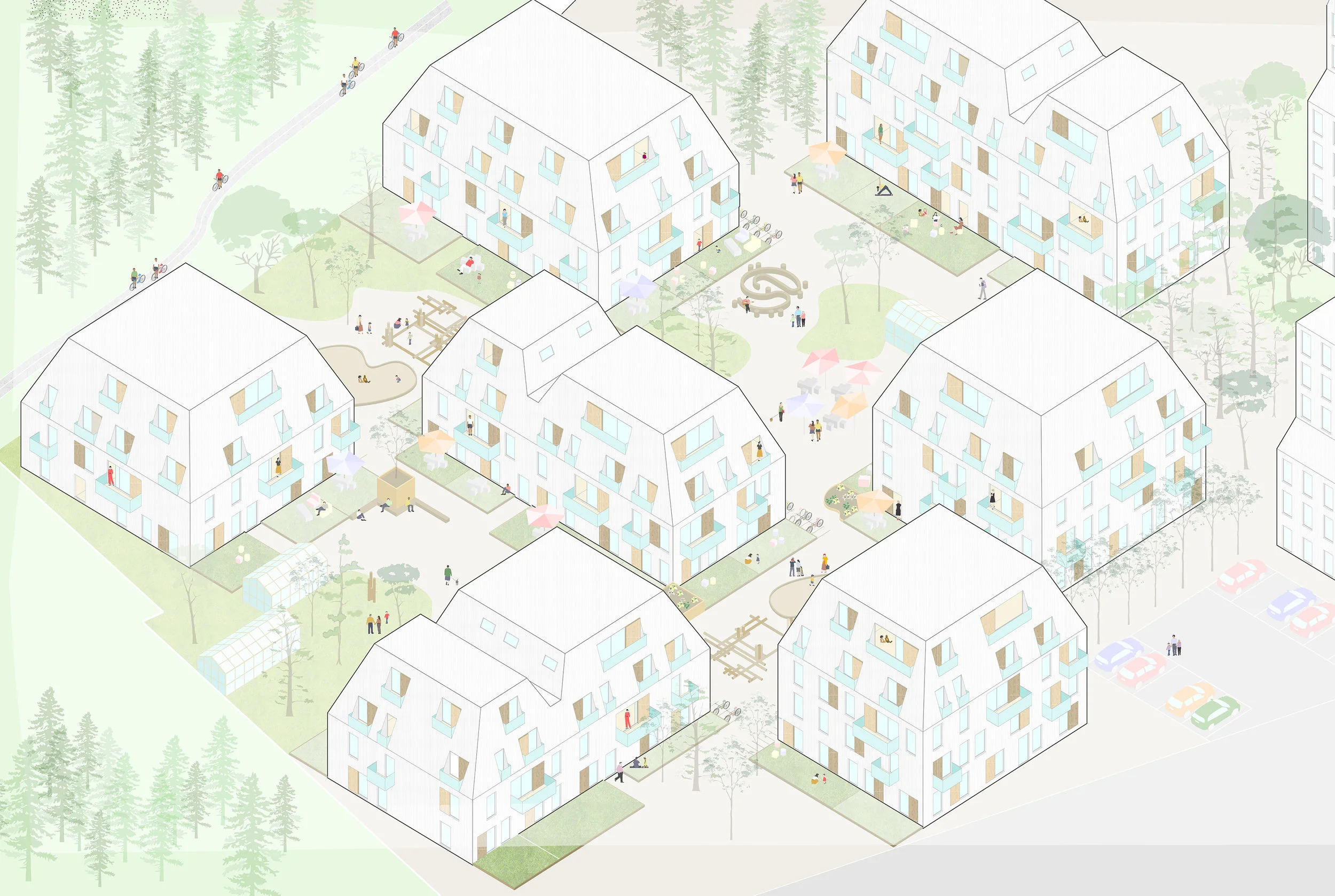 axonometric showing building mass vs open space