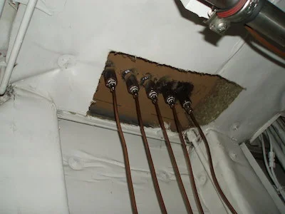 No structural fire protection - this is a classic defect after pipe and/or cable renewal work has been undertaken; rather obviously neither anybody on board nor in the company undertook to carry out a quality control inspection