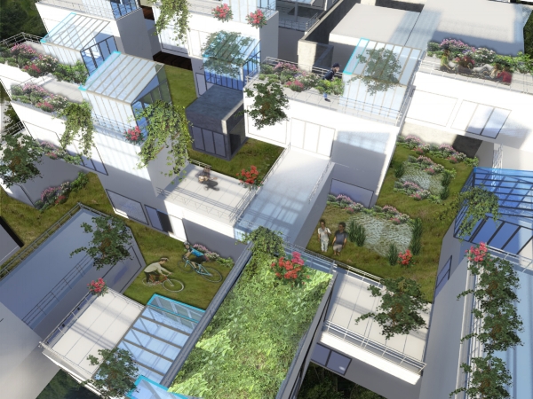 MMH can be build very dense and formed like in this case as many clusters each with a micro community house for every 4 residentials. A bigger community house for the entire village will also be there.