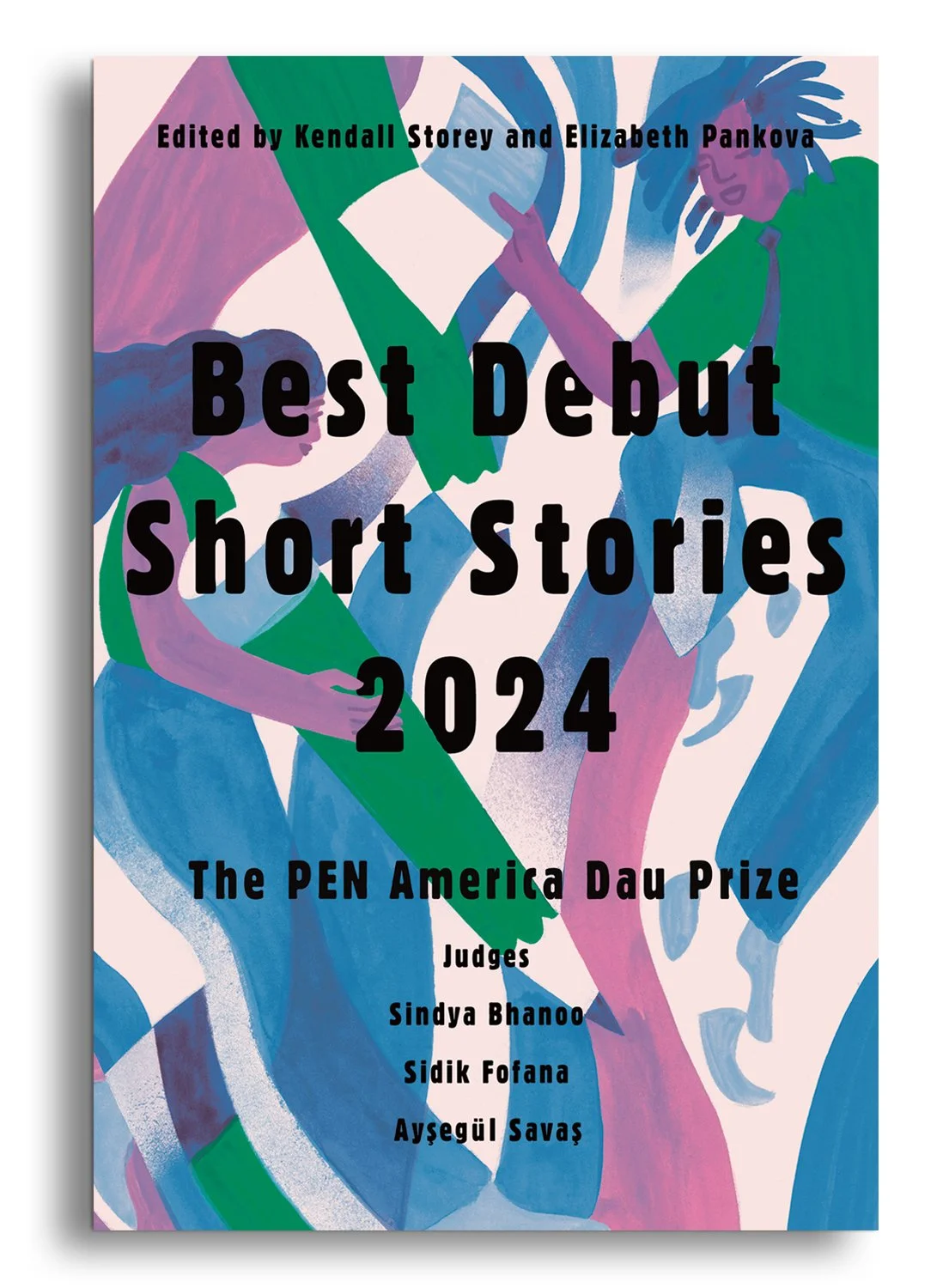 Cover for Best Debut Stories 2024, Pen America Dau Prize, featuring an illustration of two happy people with pencils and books.