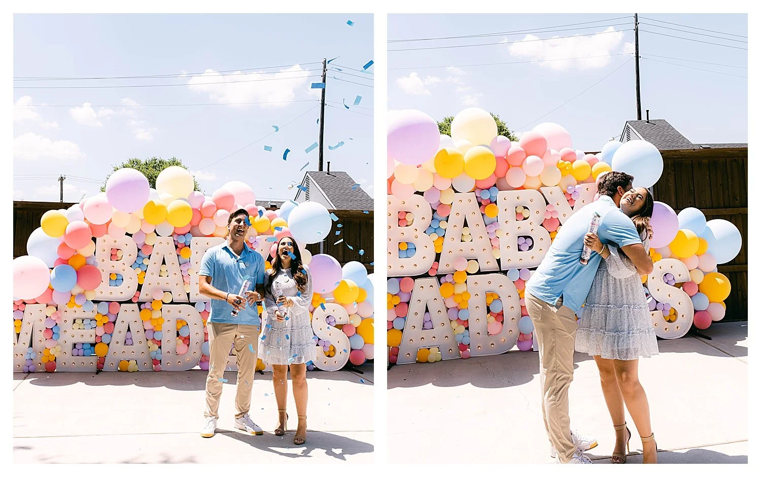 Rachel Meaders and her husband celebrating in blue confetti at their Dallas gender reveal