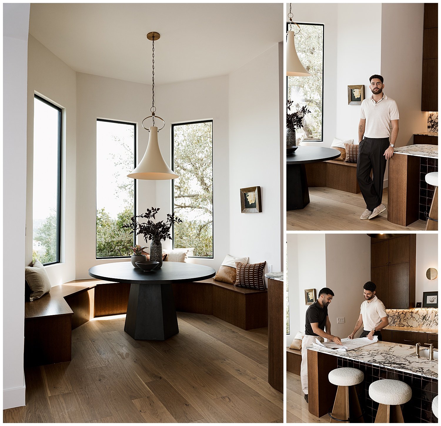 White oak banquette breakfast nook with plaster pendant, and New Edge Renovation builders reviewing plans at the marble island in Barton Creek, Austin