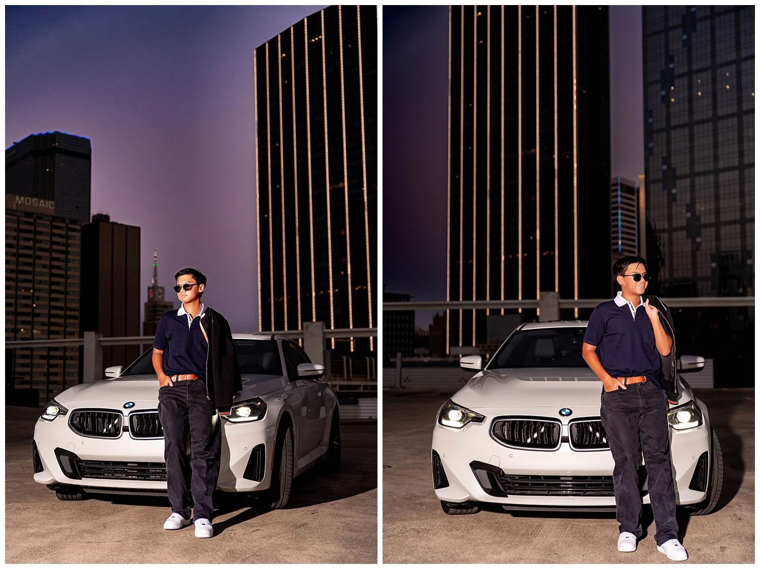 Blue hour portraits of Preston with his first car and the downtown Dallas city lights behind him