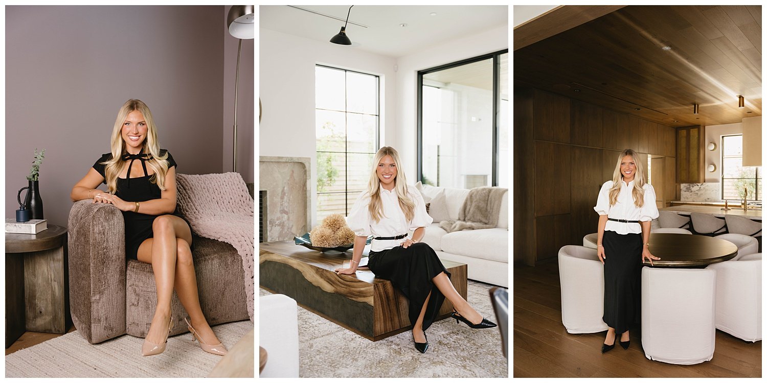 Real estate agent branding portraits in a living room and wood-paneled dining room during a Dallas realtor headshot session
