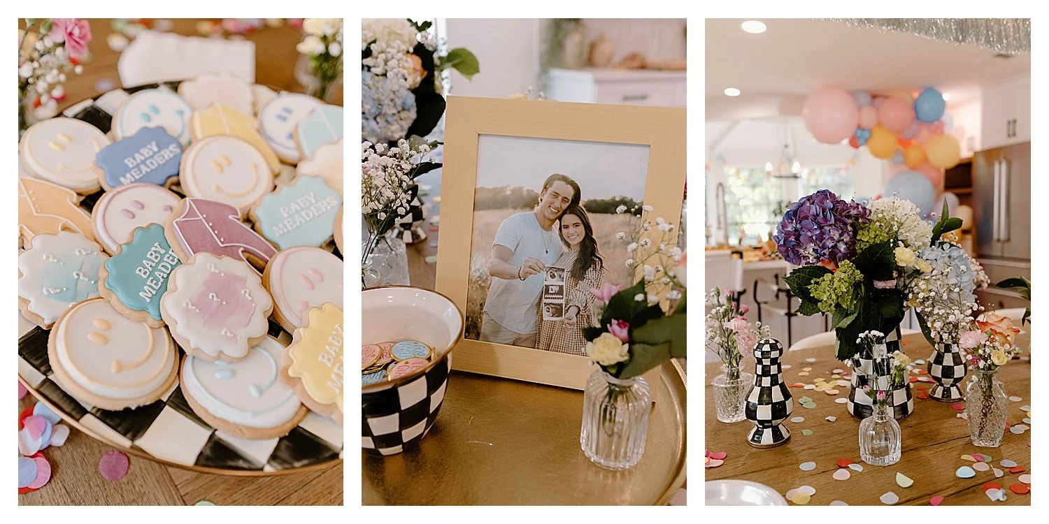 Custom Baby Meaders sugar cookies on a MacKenzie-Childs platter with bud vase florals at a Dallas baby shower