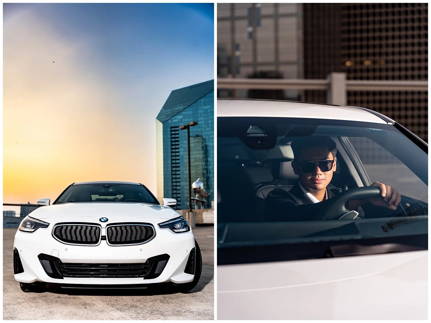 White BMW coupe at golden hour and Preston in the driver's seat during a downtown Dallas first car photo session