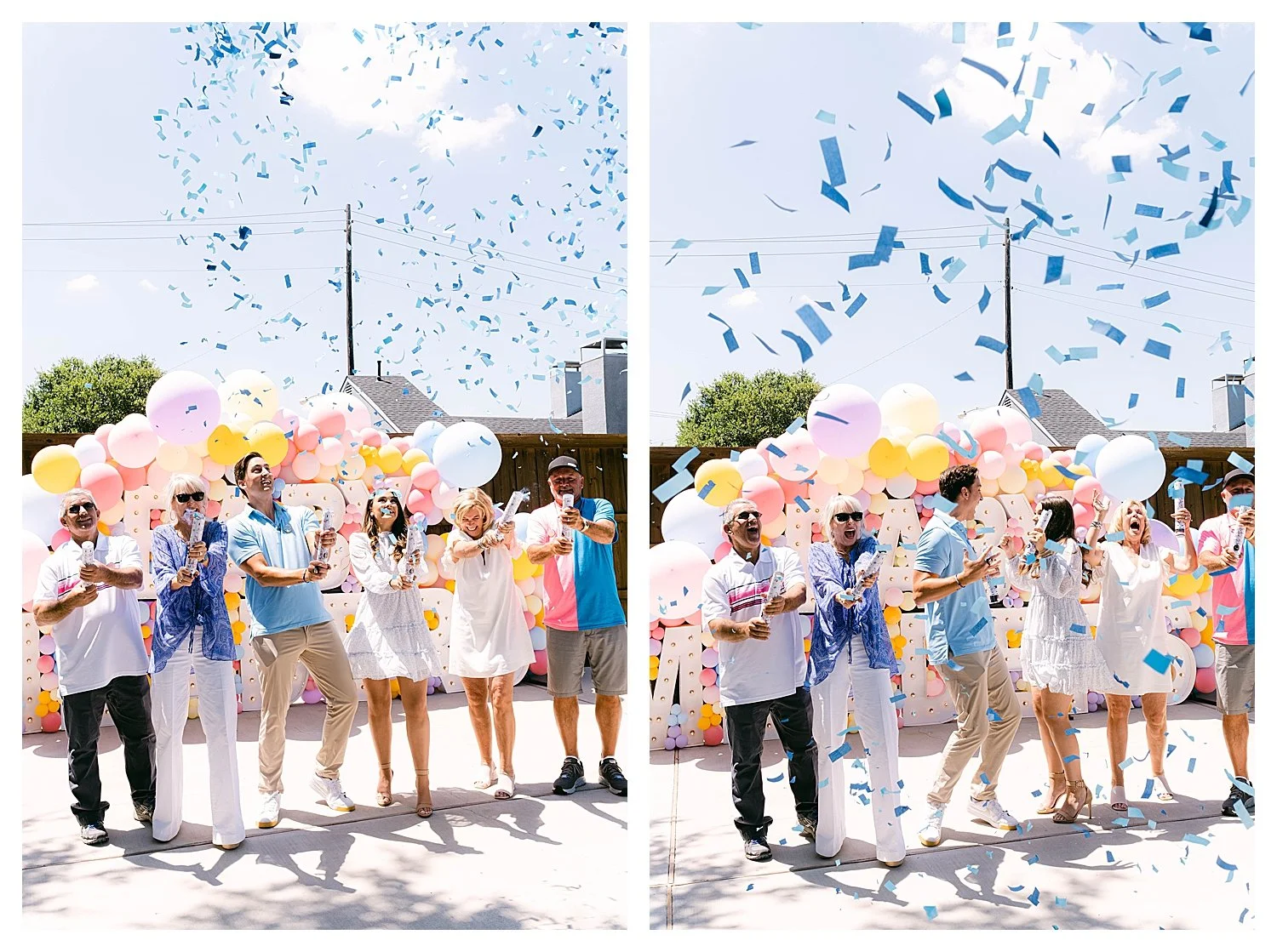Blue confetti filling the sky as family pops confetti cannons at a Dallas gender reveal party