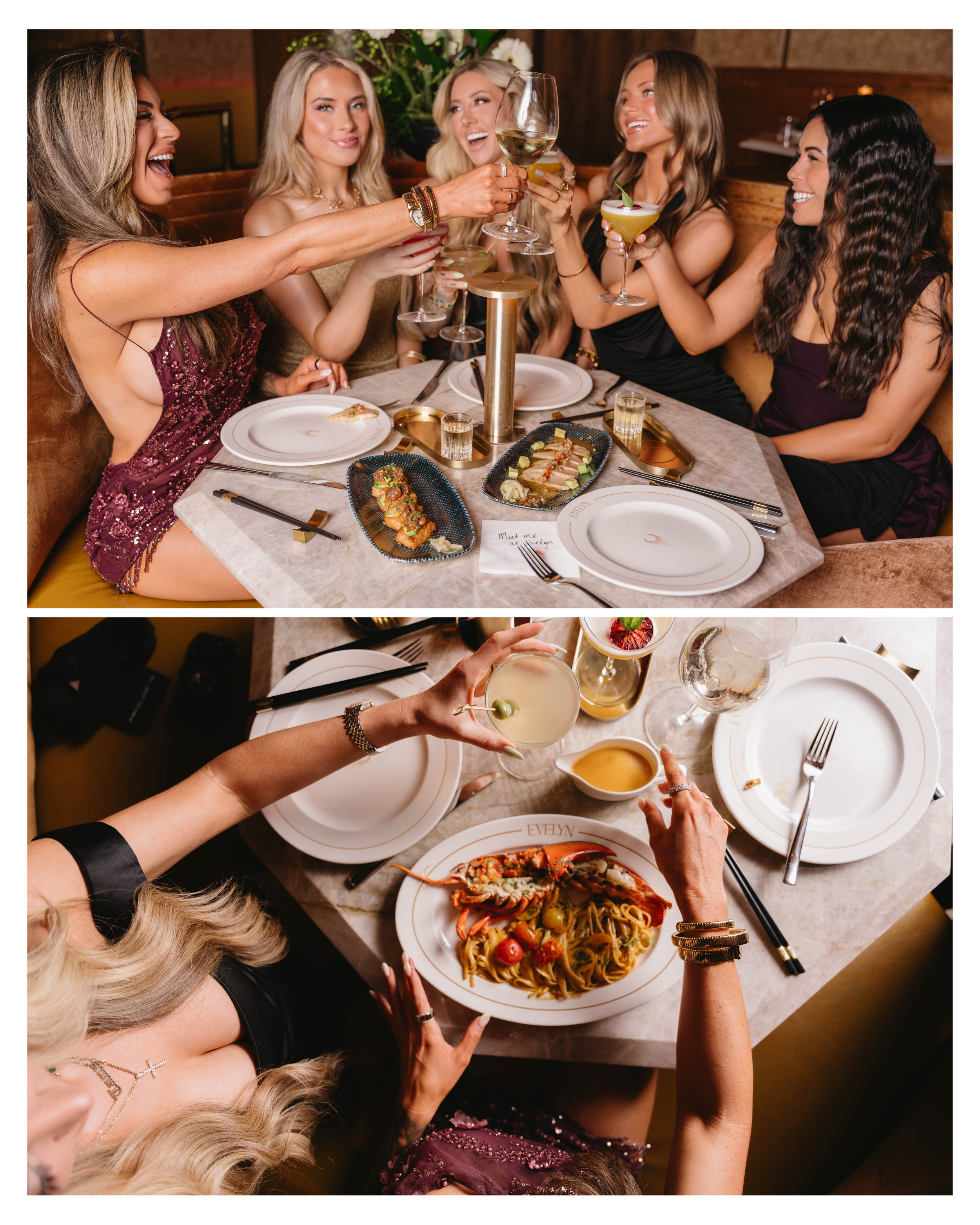 Friends toasting cocktails in a booth and an overhead of lobster pasta being passed at EVELYN Dallas