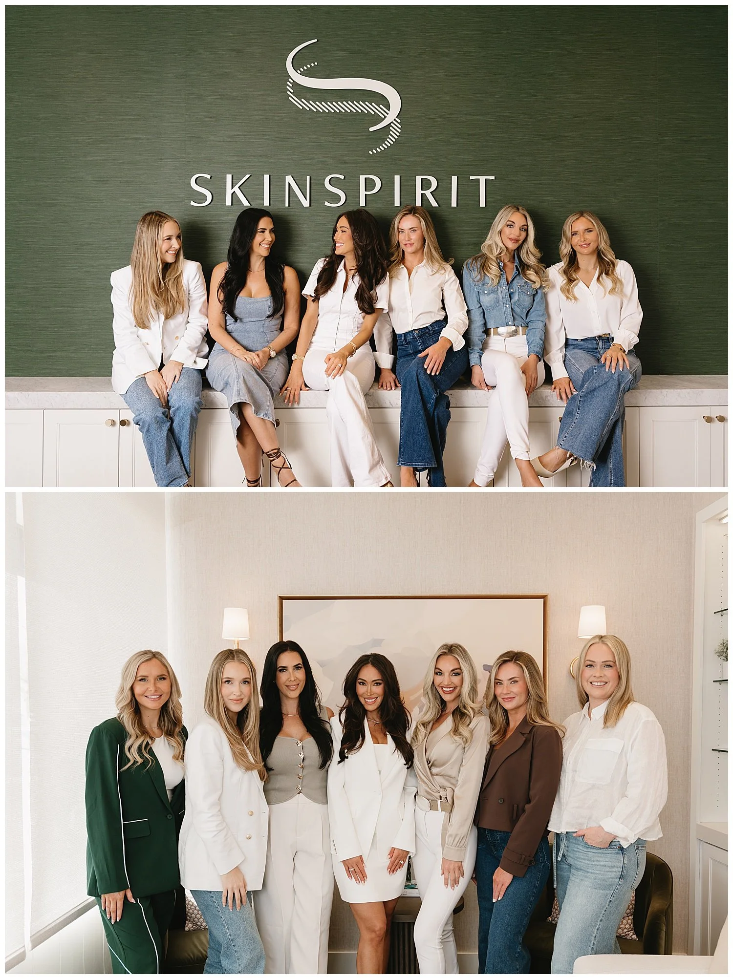 SkinSpirit marketing team group photos under the logo wall at their West Lake Hills location in Austin, Texas