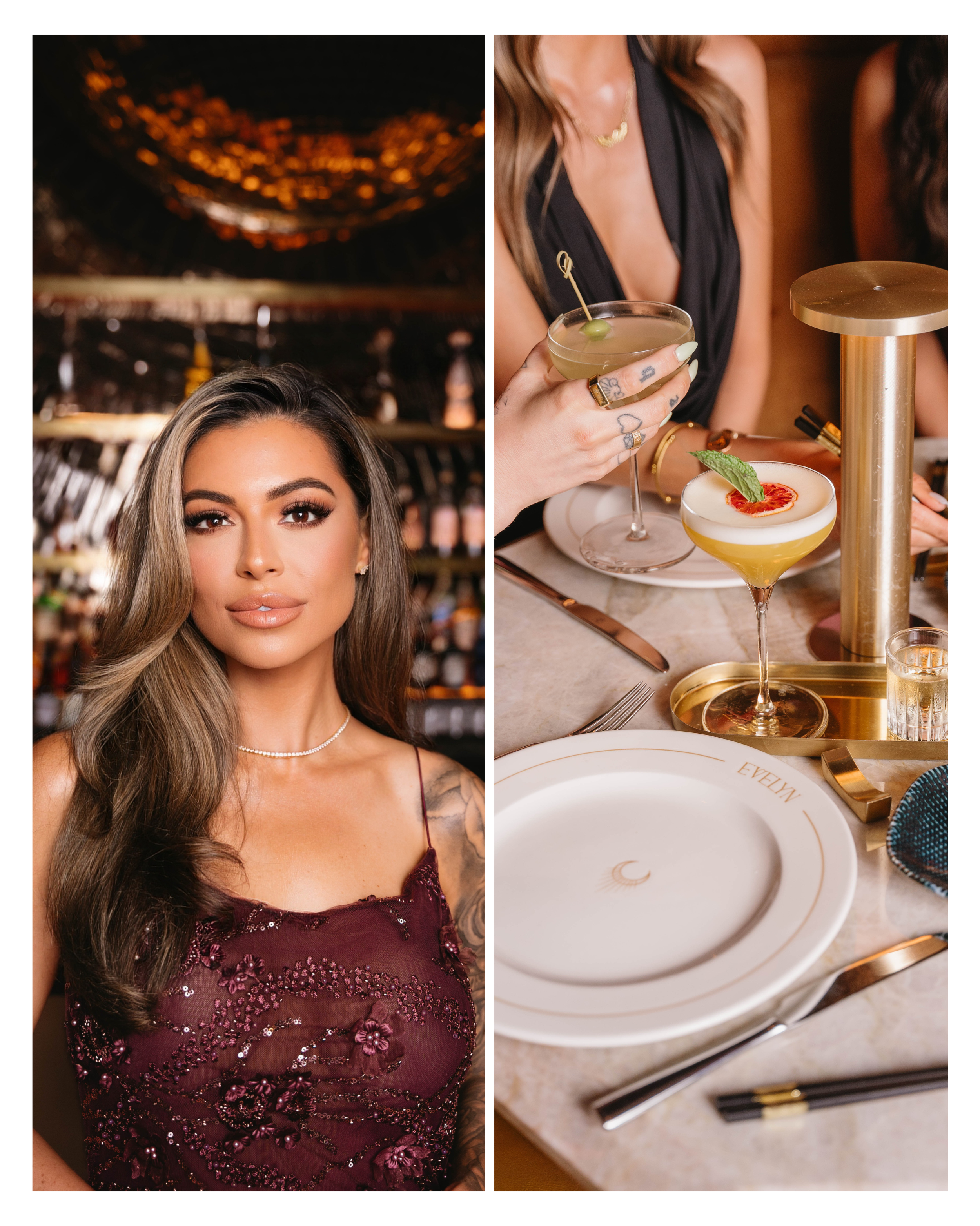 Portrait at the bar under the disco ceiling and a detail of cocktails on the gold-rimmed EVELYN place setting in Dallas